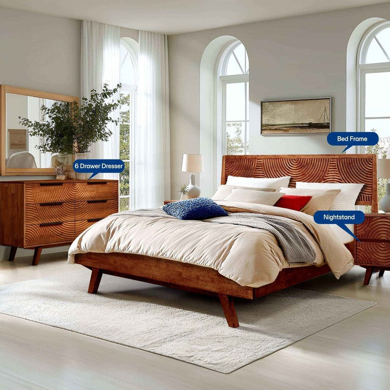 Wooden bedroom furniture set including bed, dresser, and nightstands in a bright room.