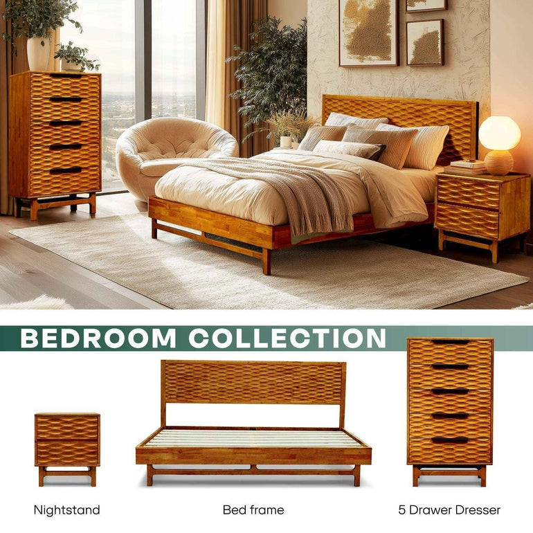 Modern bedroom with wooden furniture including a bed, nightstands, and dresser.