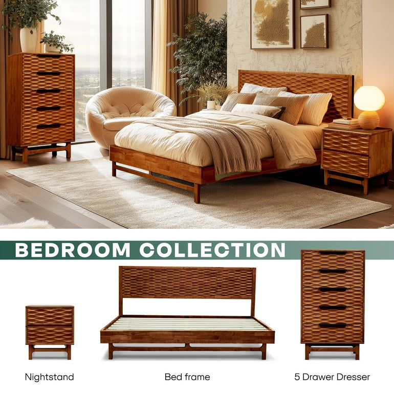 Modern bedroom with wooden furniture including a bed, nightstands, and dresser.