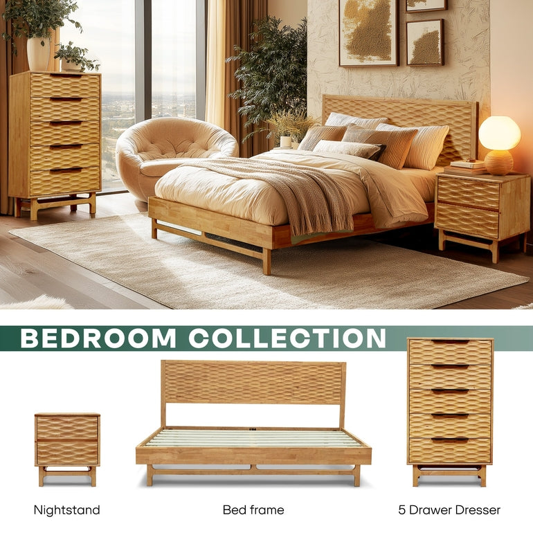 Bedroom set with bed frame, nightstand, and dresser in a well-decorated room.