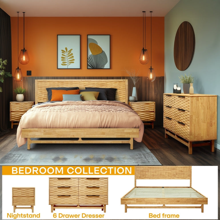 Wooden bedroom furniture set including bed, nightstands, and dresser in a room with orange walls.