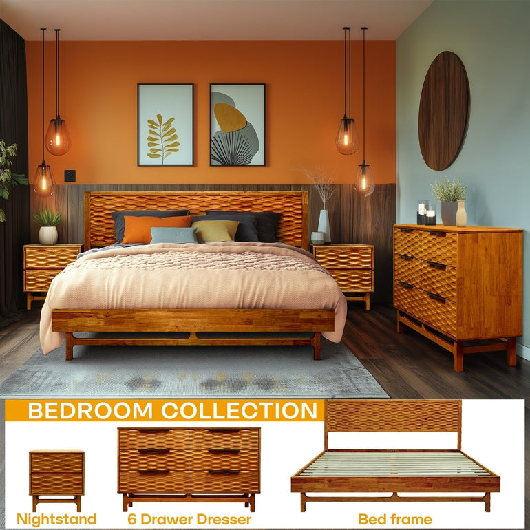 Wooden bedroom furniture set with bed, nightstands, and dresser in a room with orange walls.
