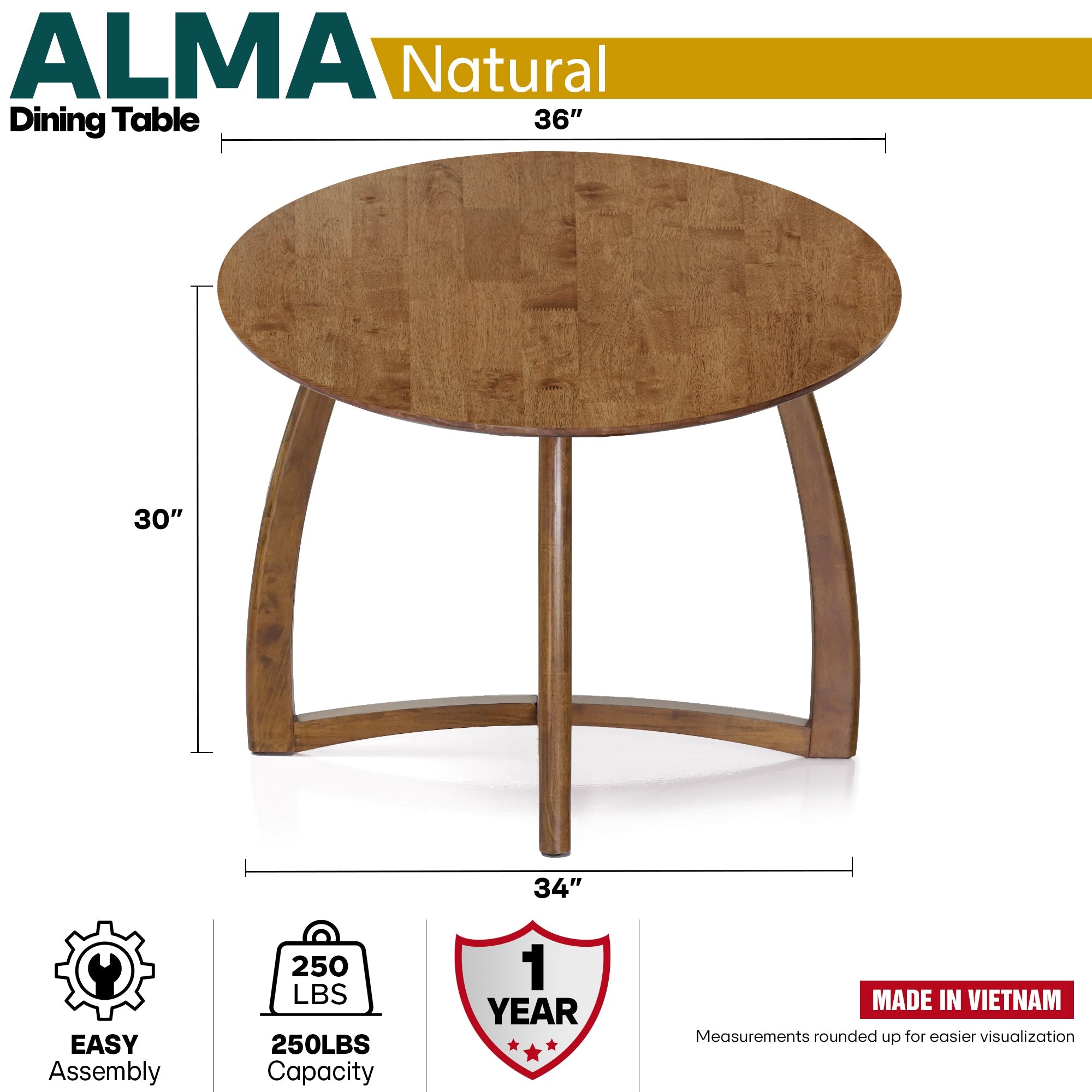 Alma Round Dining Table Mid-Century Modern for 4 - 36"