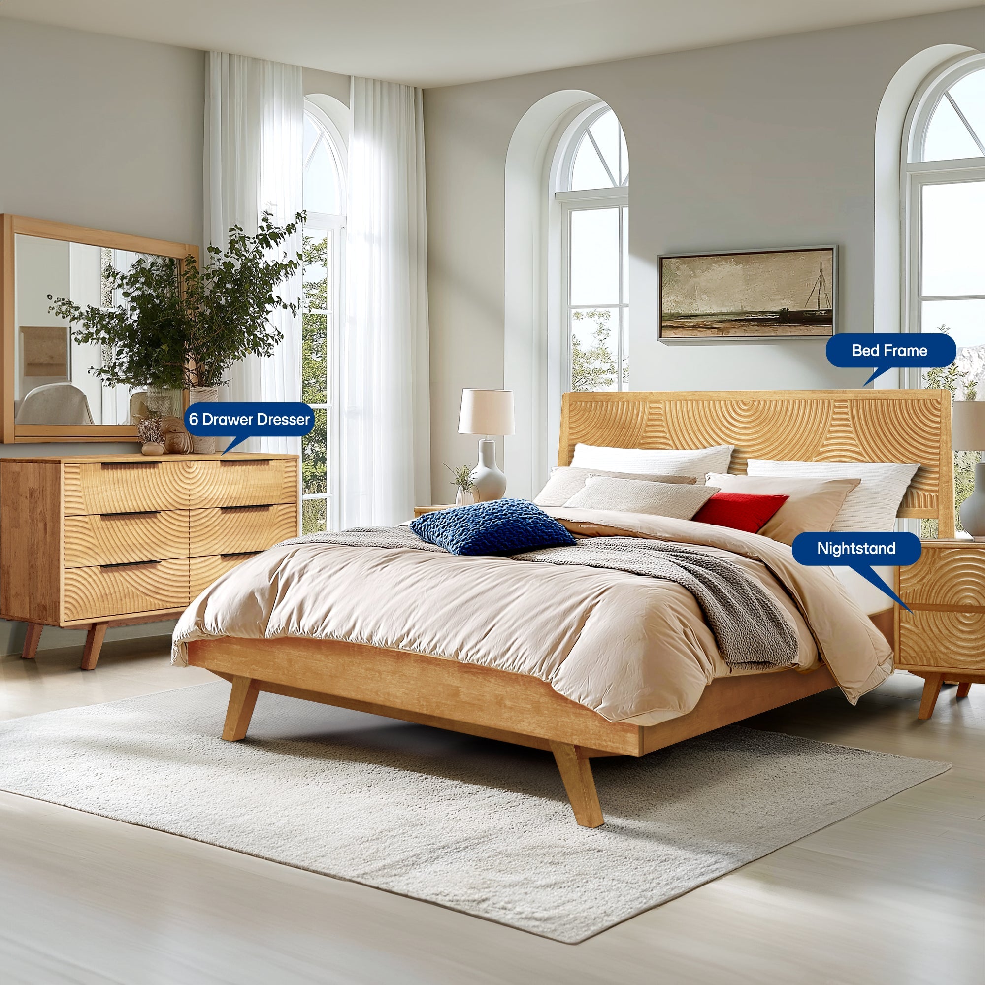Wooden bedroom furniture set including bed, dresser, and nightstands in a bright room.
