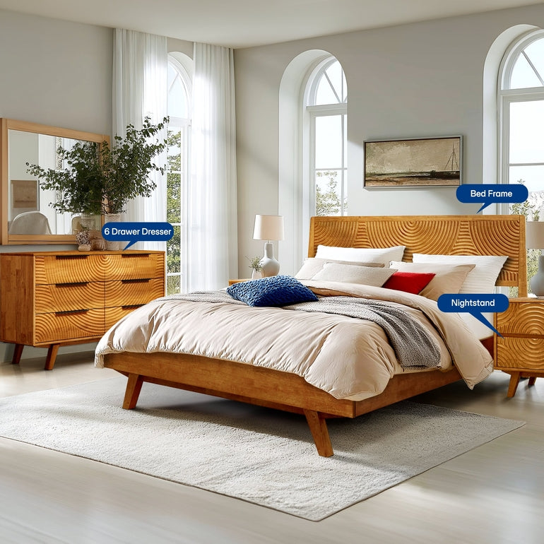 Wooden bedroom furniture set with bed, dresser, and nightstand in a bright room.