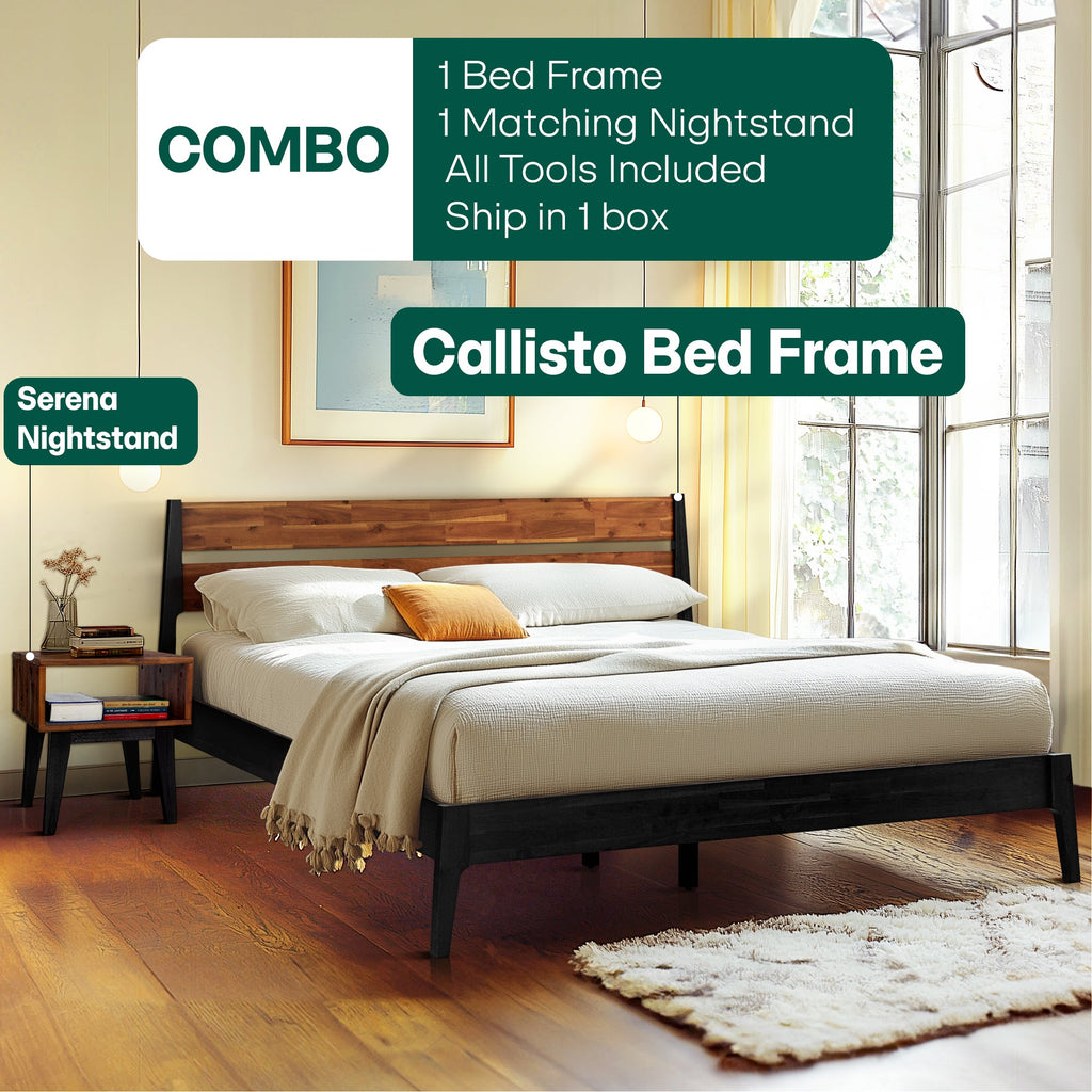 Callisto Solid Wood Bed Frame and Nightstand Set
