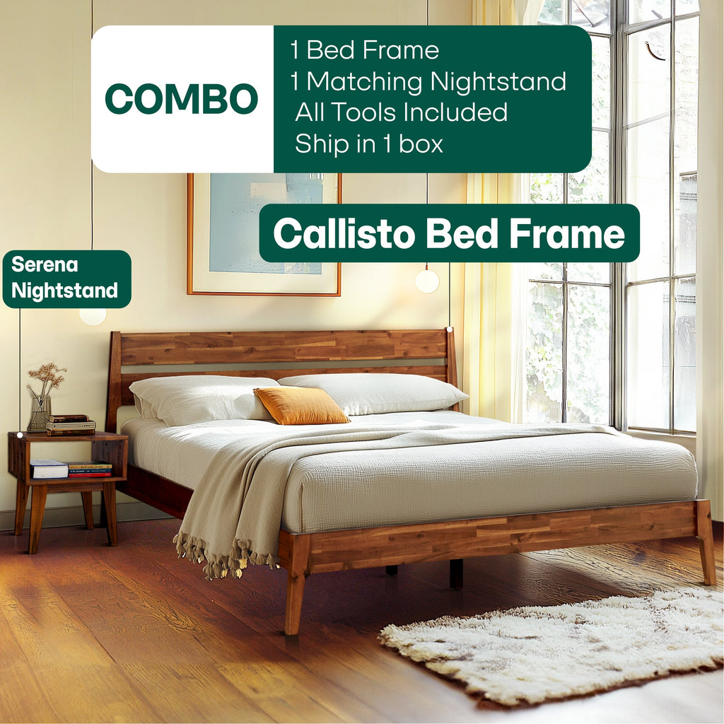 Callisto Solid Wood Bed Frame and Nightstand Set