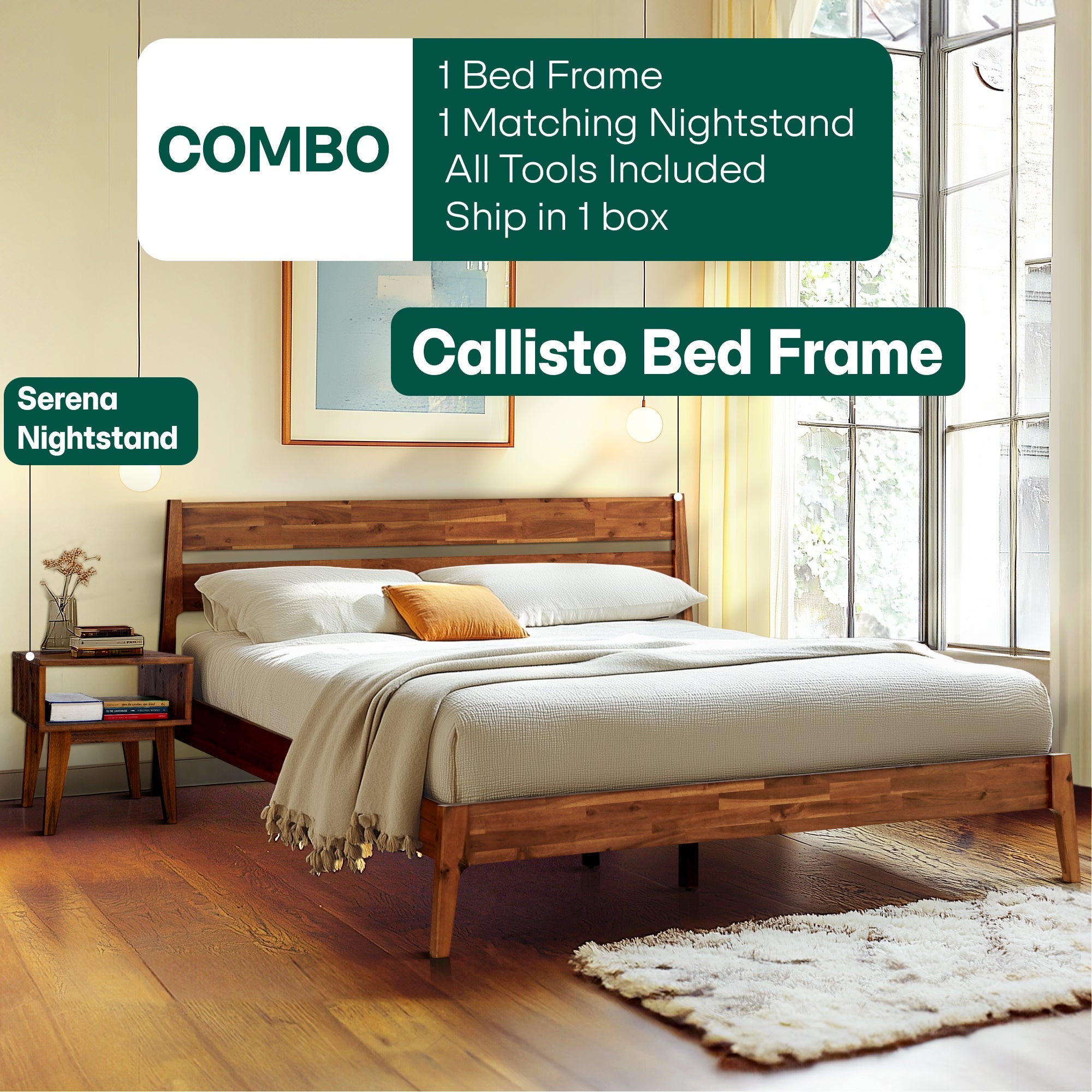 Callisto Solid Wood Bed Frame and Nightstand Set