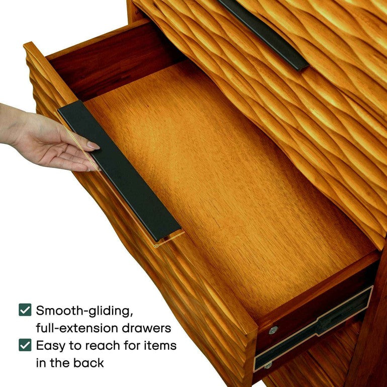 Wooden cabinet with open drawer showing smooth-gliding feature, labeled 'Easy to reach for items in the back'.
