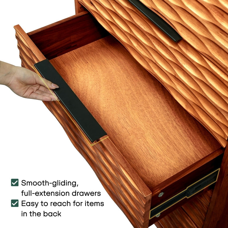 Wooden storage unit with open drawer, showing smooth-gliding feature.