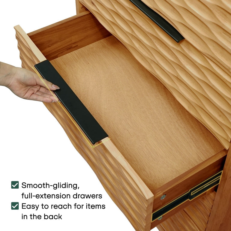 Wooden cabinet with open drawer showing smooth-gliding feature, on a white background.