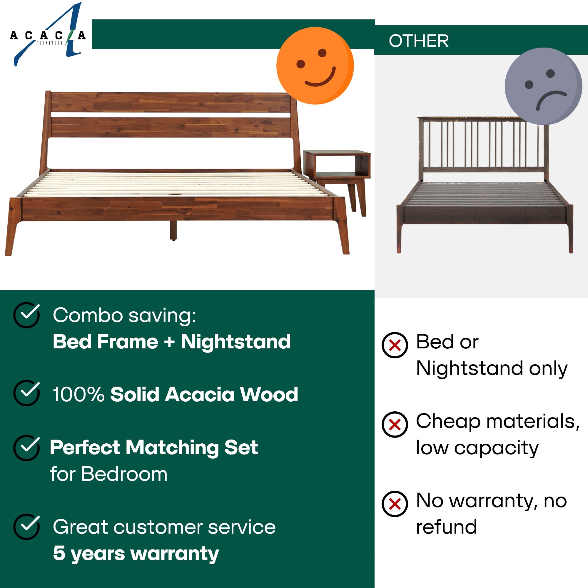 Callisto Solid Wood Bed Frame and Nightstand Set