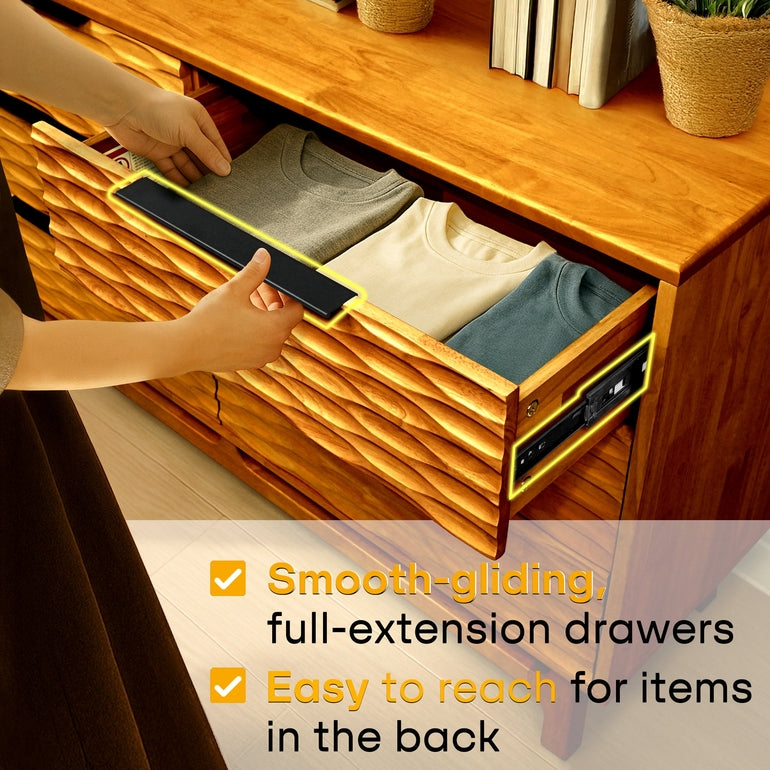 Wooden dresser with open drawer, showing smooth-gliding full-extension drawers.