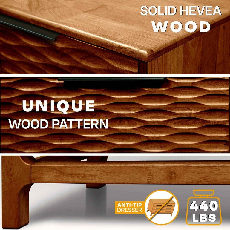 Wooden dresser with 'Solid Hevea Wood' and 'Unique Wood Pattern' text, anti-tip dresser icon, and weight capacity indicator.