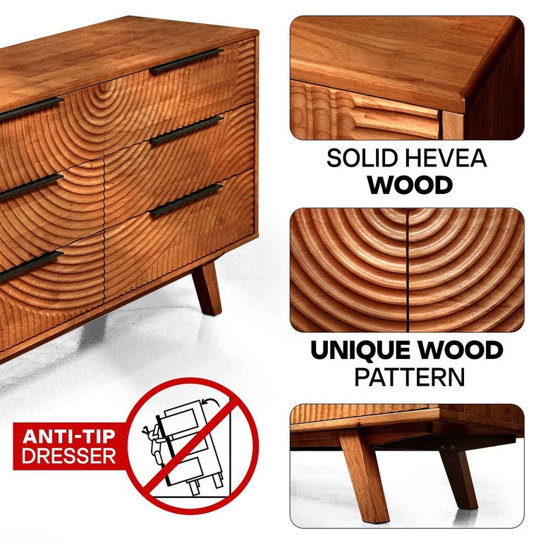 Wooden dresser with close-up details and anti-tip warning label.