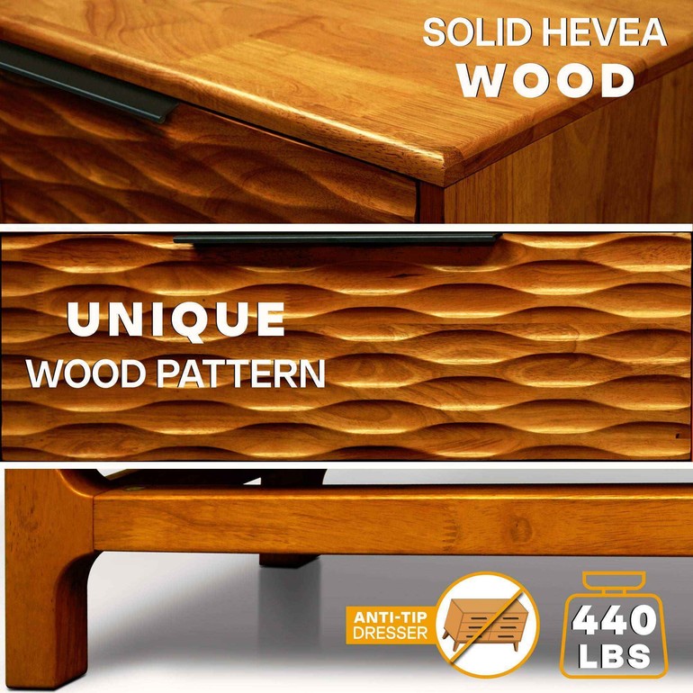 Wooden dresser with 'Solid Hevea Wood' and 'Unique Wood Pattern' text, anti-tip dresser icon, and weight capacity indicator.