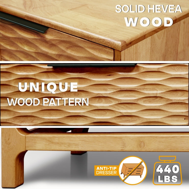 Wooden dresser with 'Solid Hevea Wood' and 'Unique Wood Pattern' text, featuring an anti-tip dresser icon and weight capacity.