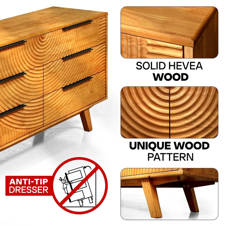 Wooden dresser with anti-tip feature and wood pattern details