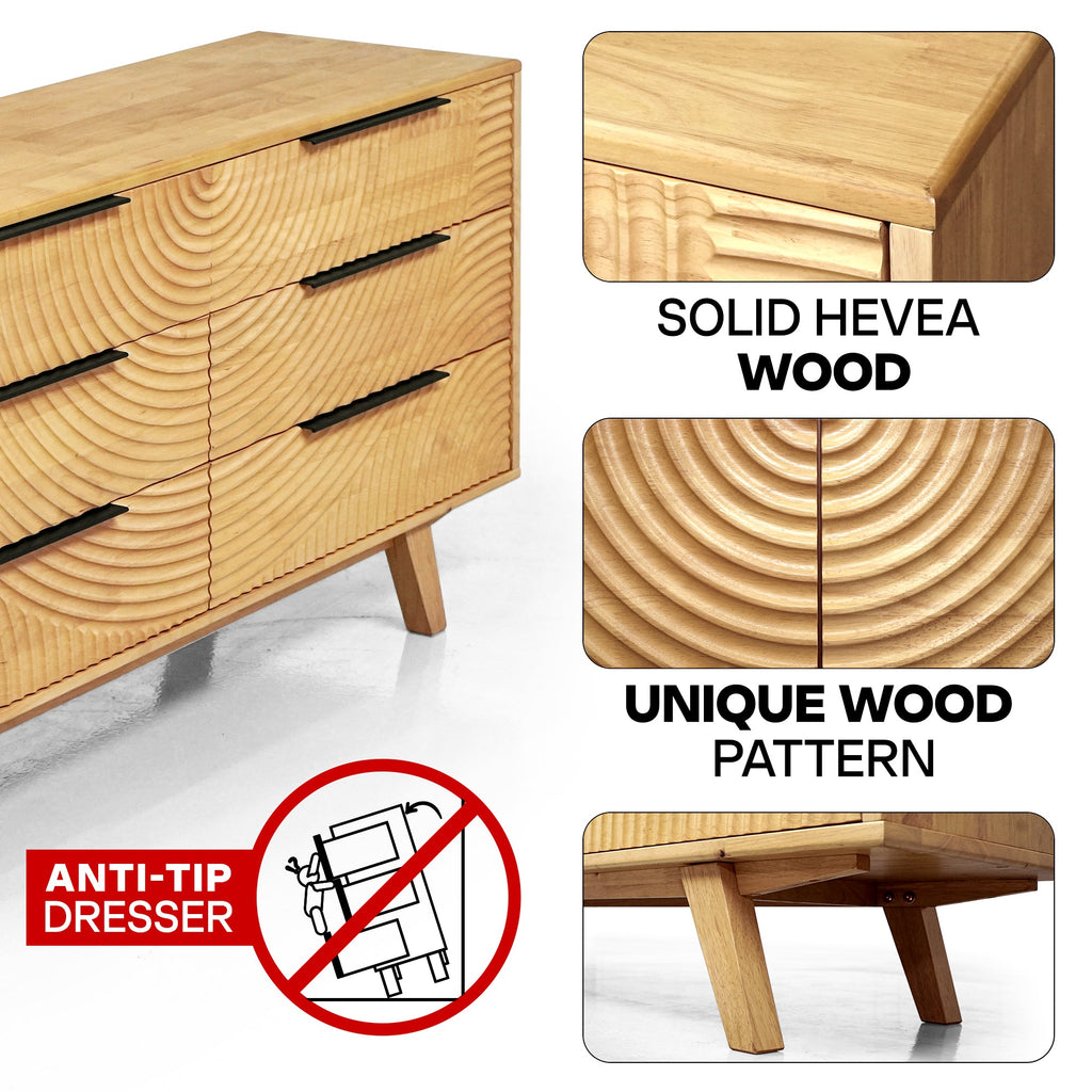 Wooden dresser with anti-tip feature and wood pattern details
