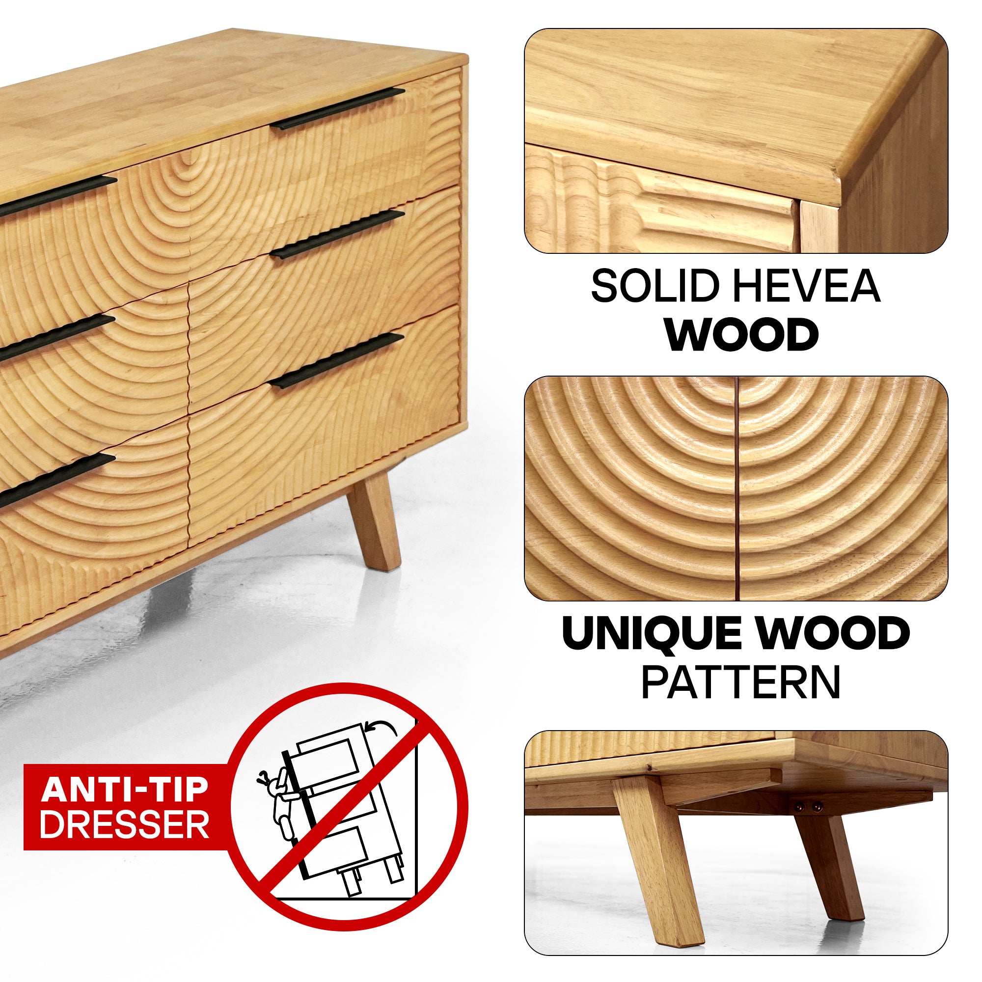 Wooden dresser with anti-tip feature and wood pattern details