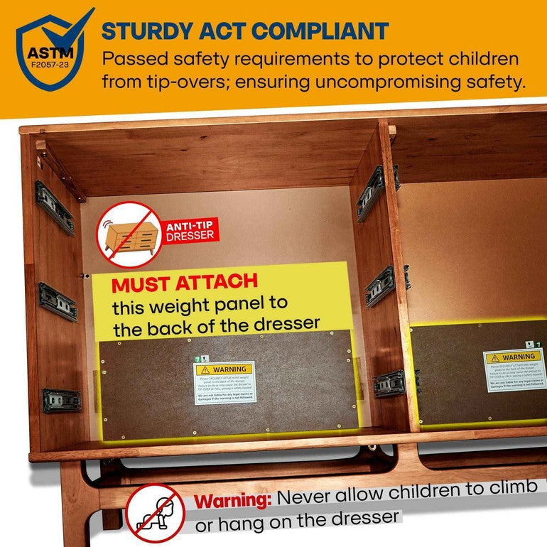 Wooden dresser with safety labels and warnings on a yellow background