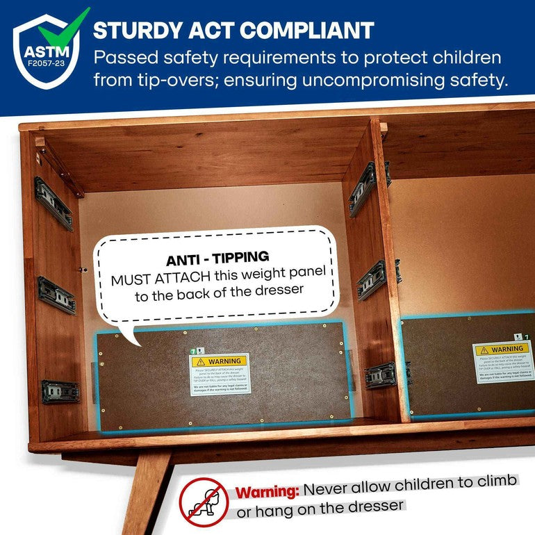 Wooden dresser with anti-tippering weight panel and safety warning labels, featuring ASTM logo.