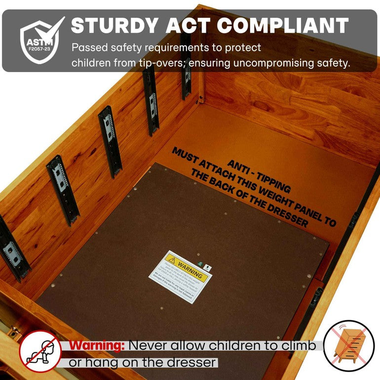 Wooden dresser with anti-tippering weight panel and safety warnings, featuring ASTM logo.
