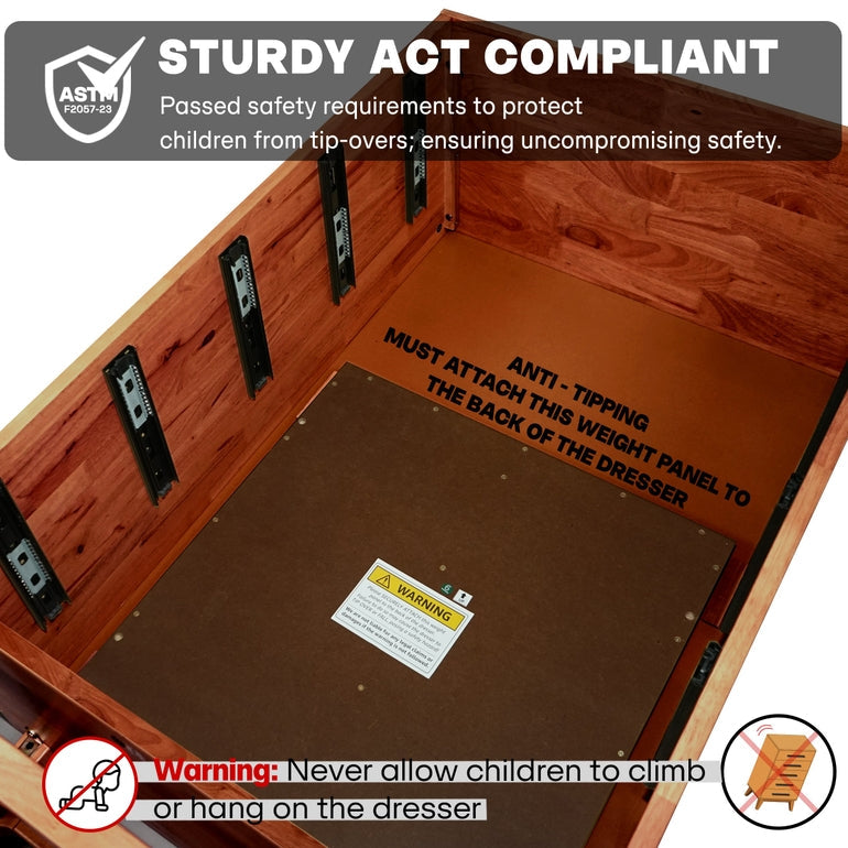 Wooden dresser with anti-tippering label and safety warnings, featuring the Sturdy Act Compliance logo.