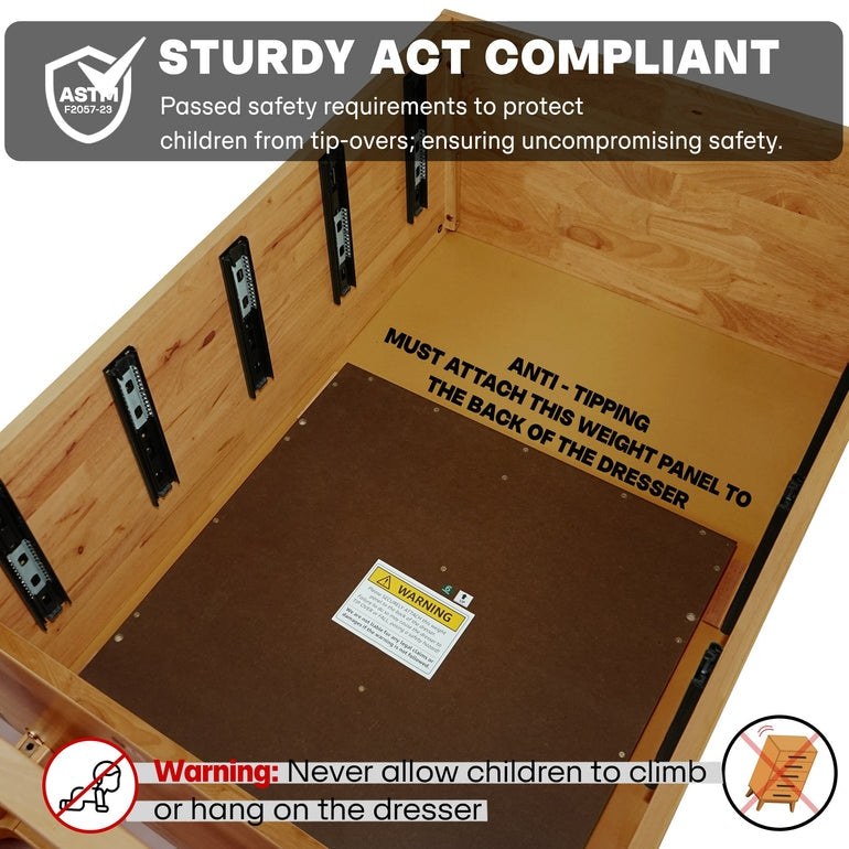 Wooden dresser with anti-tippering label and safety warnings on a white background