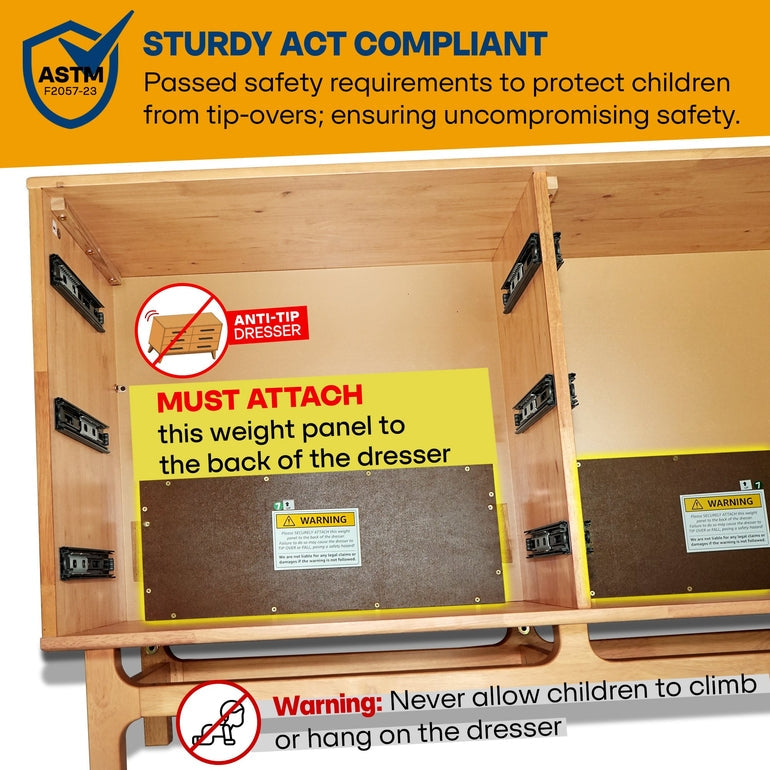 Wooden dresser with anti-tip weight panel and safety warnings, featuring ASTM logo.