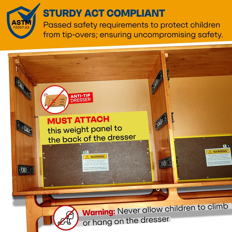 Wooden dresser with safety weight panel and warning labels, featuring ASTM logo.