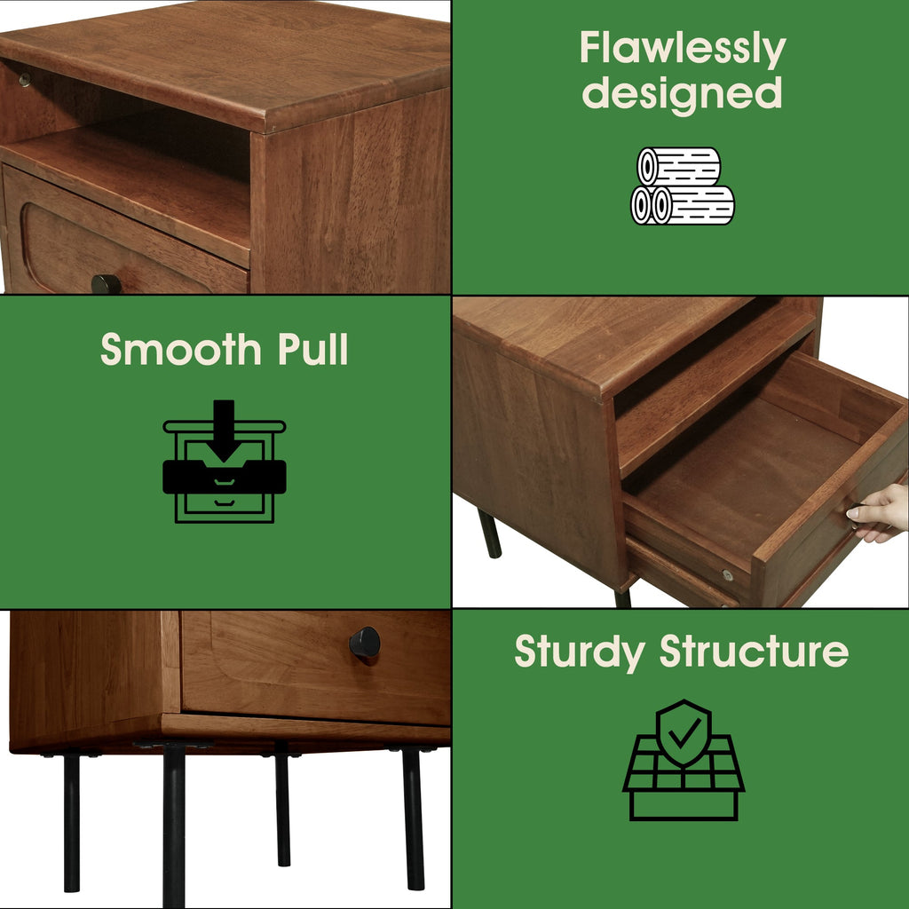 Savana Mid-Century Modern Single Drawer Solid Wood Nightstand