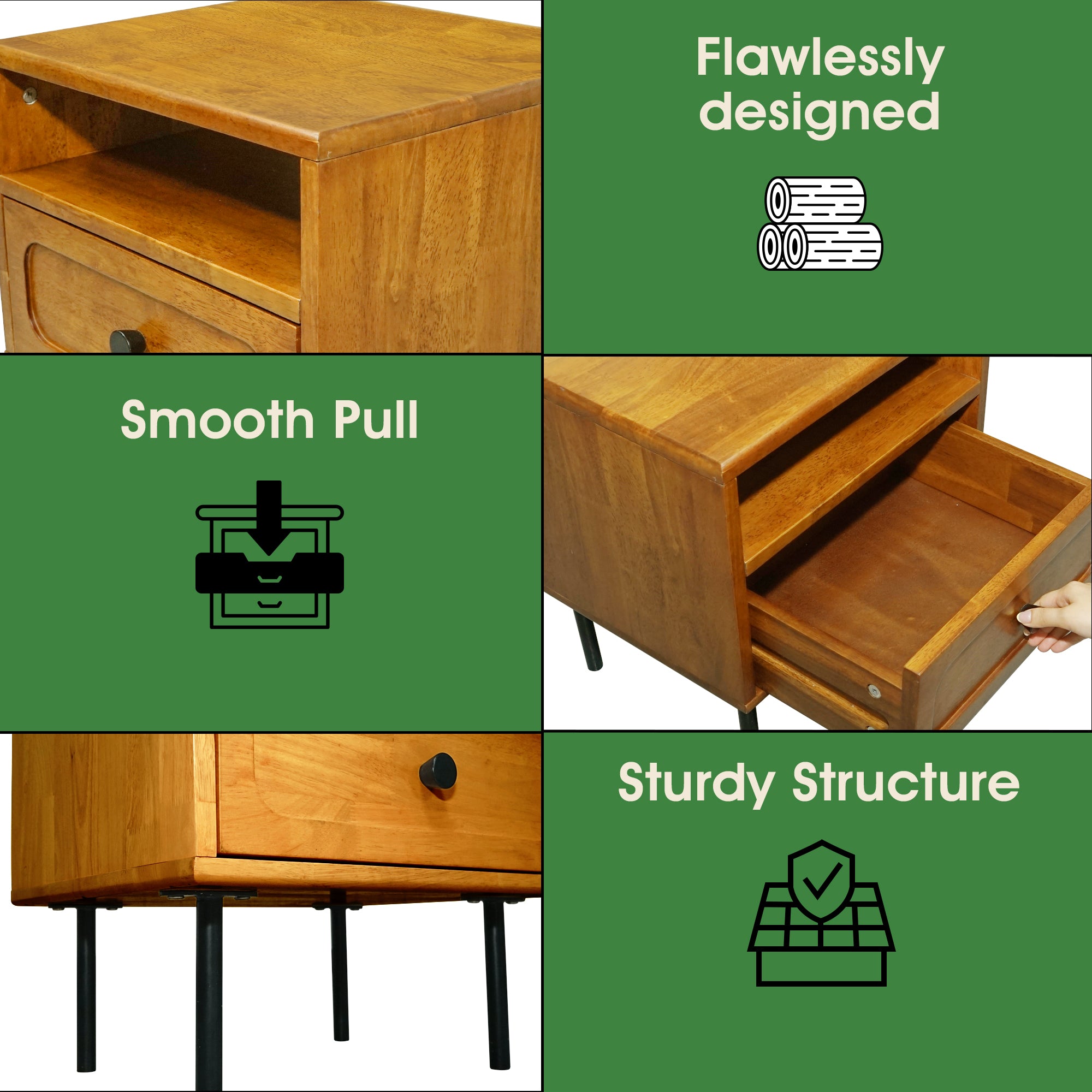 Savana Mid-Century Modern Single Drawer Solid Wood Nightstand