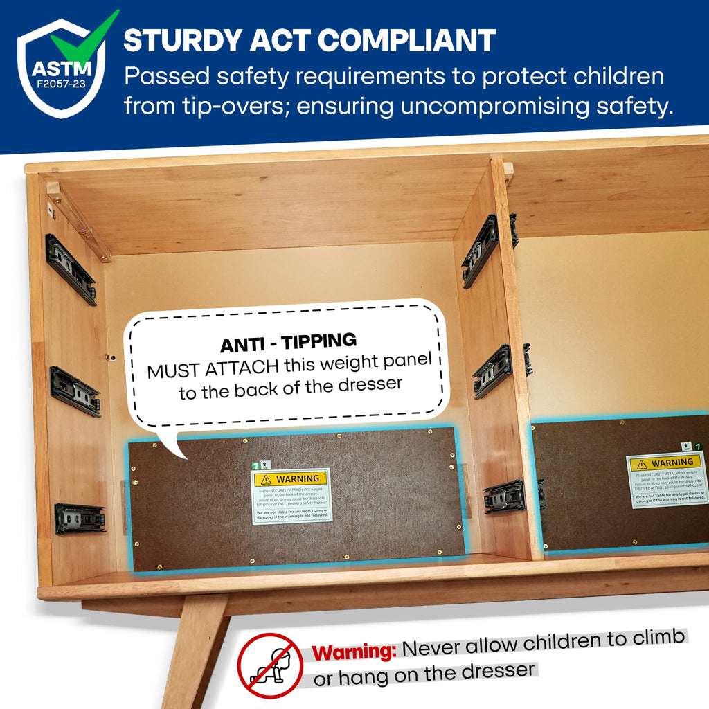 Wooden dresser with anti-tippering weight panel and safety warnings, featuring ASTM logo.