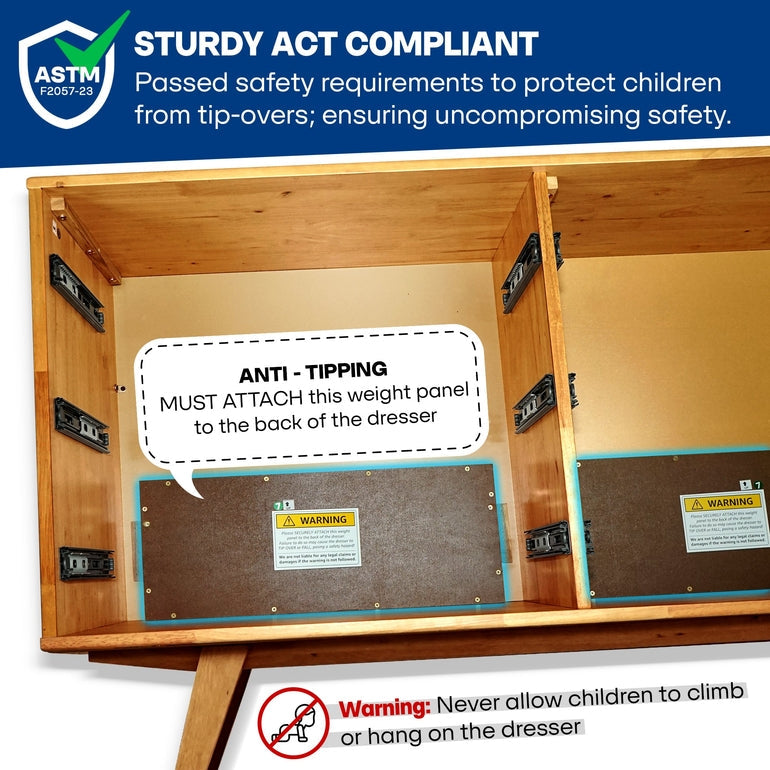 Wooden dresser with anti-tippering weight panel and safety warnings, featuring ASTM logo.