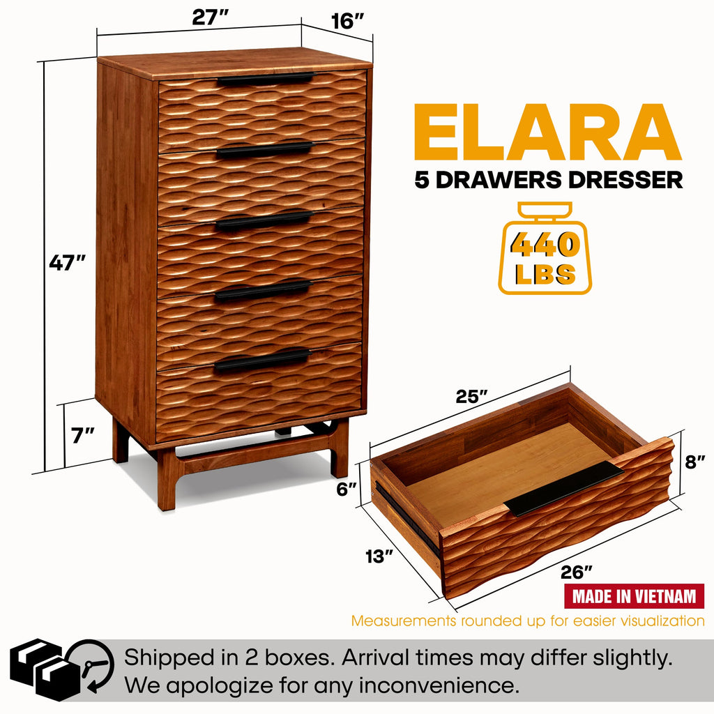 Wooden dresser with dimensions and weight capacity labeled, featuring the brand 'ELARA'.
