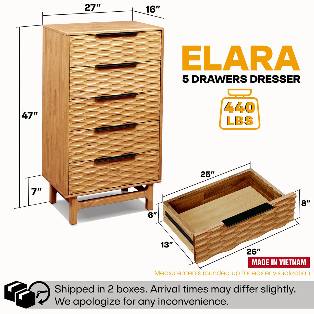 Wooden dresser with dimensions and weight capacity labeled, featuring the brand 'ELARA'.