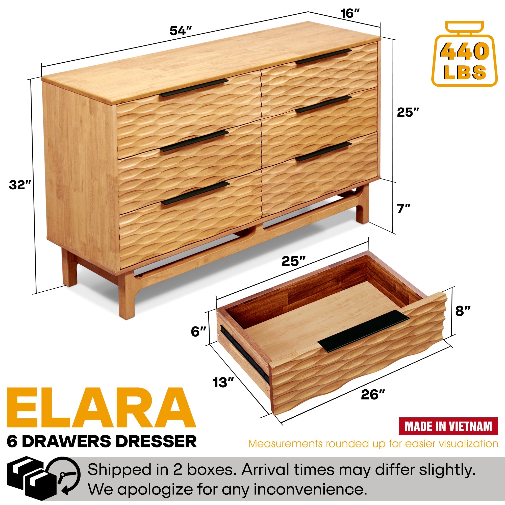 Wooden dresser with dimensions and weight capacity labeled, brand 'ELARA' visible.