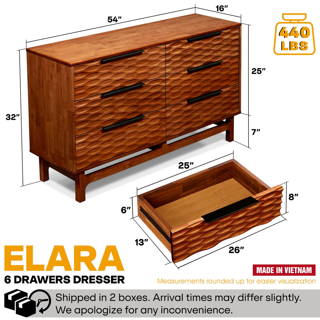 Wooden dresser with dimensions and weight capacity labeled, brand 'ELARA' visible.