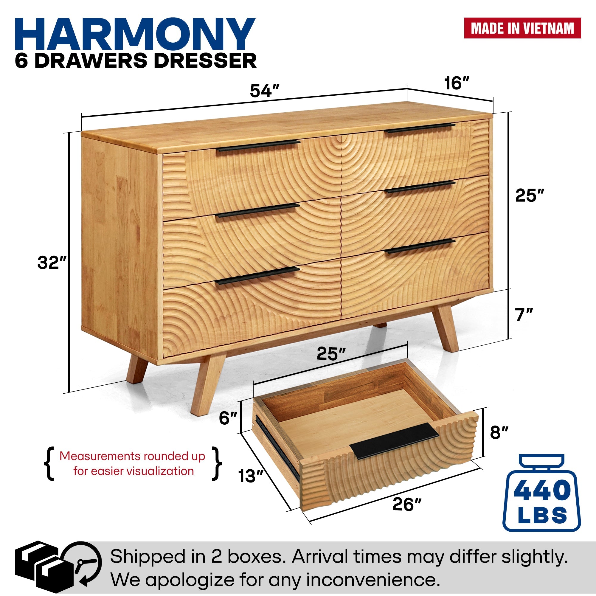 Wooden dresser with dimensions and weight capacity labeled, made in Vietnam.
