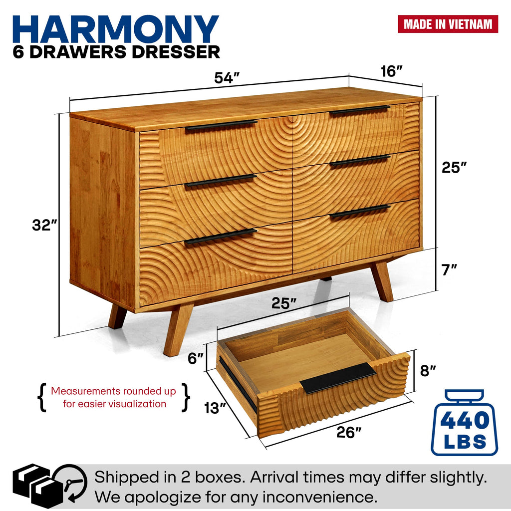 Wooden dresser with dimensions and weight capacity labeled, made in Vietnam.
