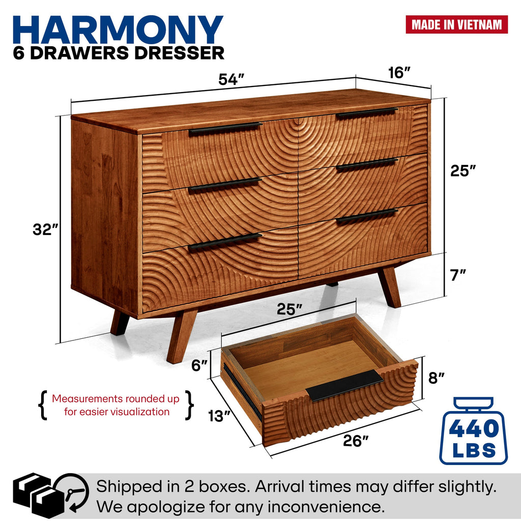 Wooden dresser with dimensions and weight capacity labeled, made in Vietnam.