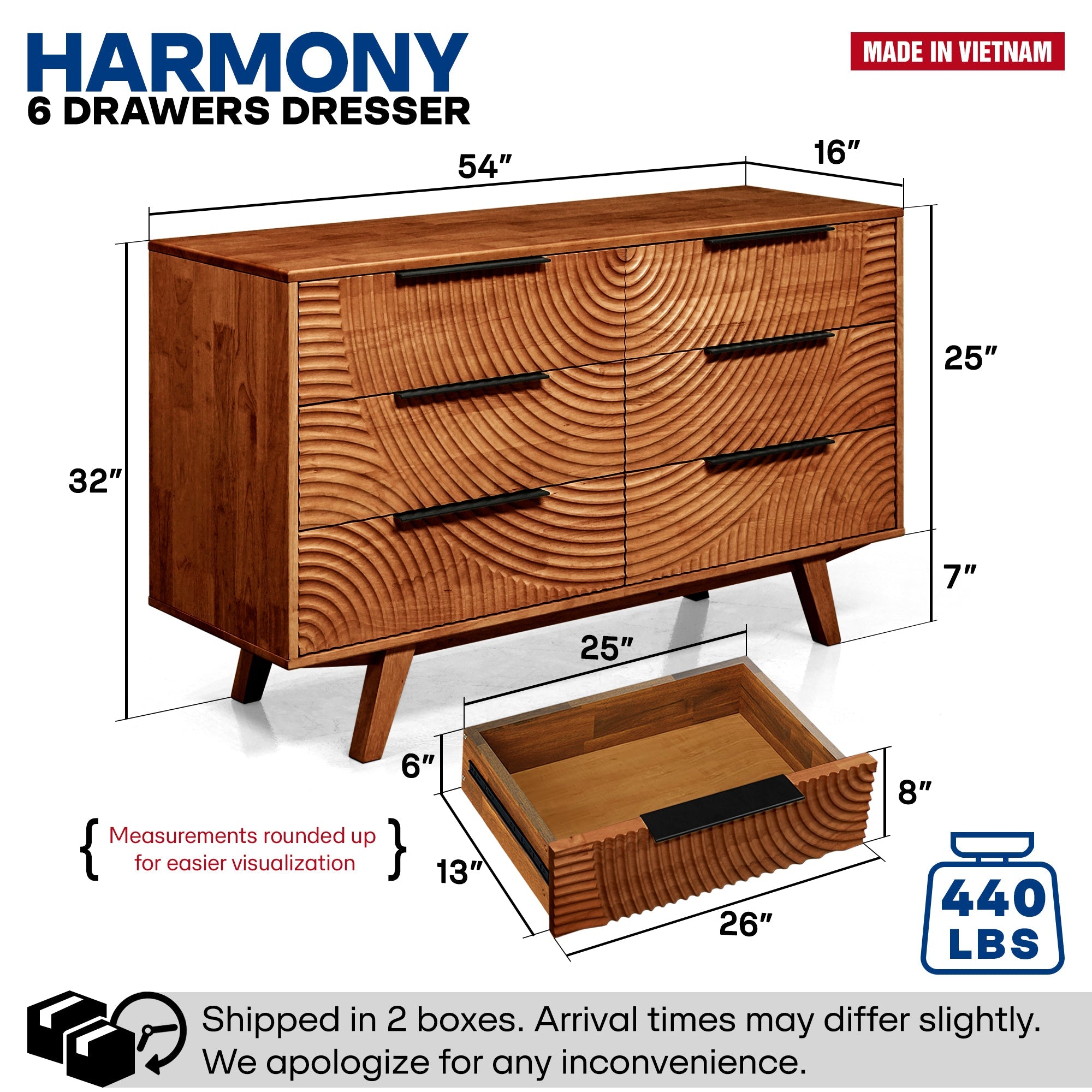 Wooden dresser with dimensions and weight capacity labeled, made in Vietnam.
