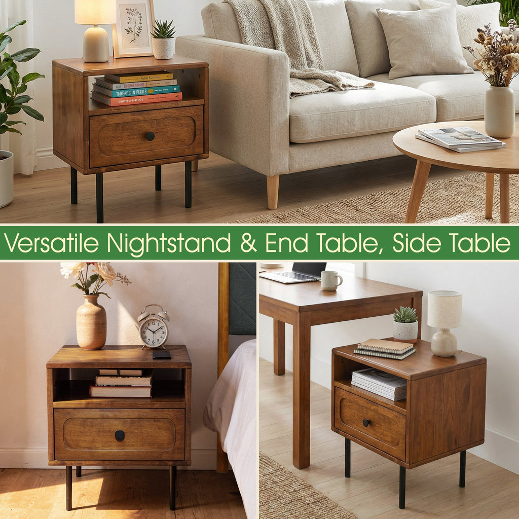 Savana Mid-Century Modern Single Drawer Solid Wood Nightstand