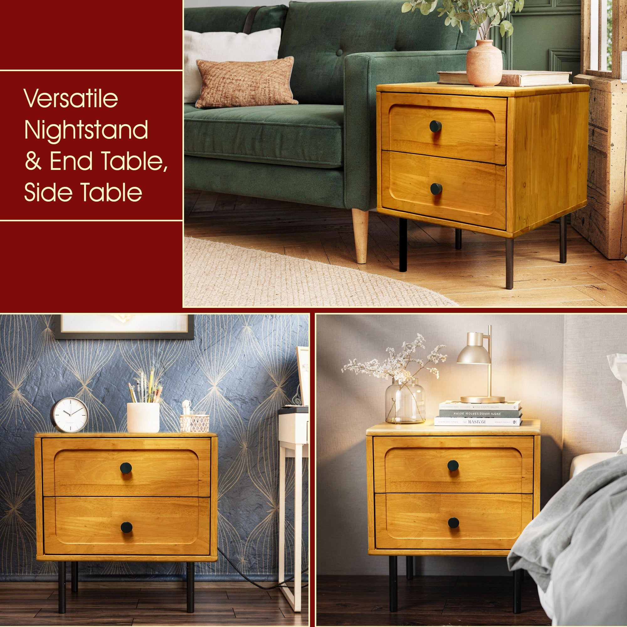 Savana Mid-Century 2 - Drawer Solid Wood Nightstand