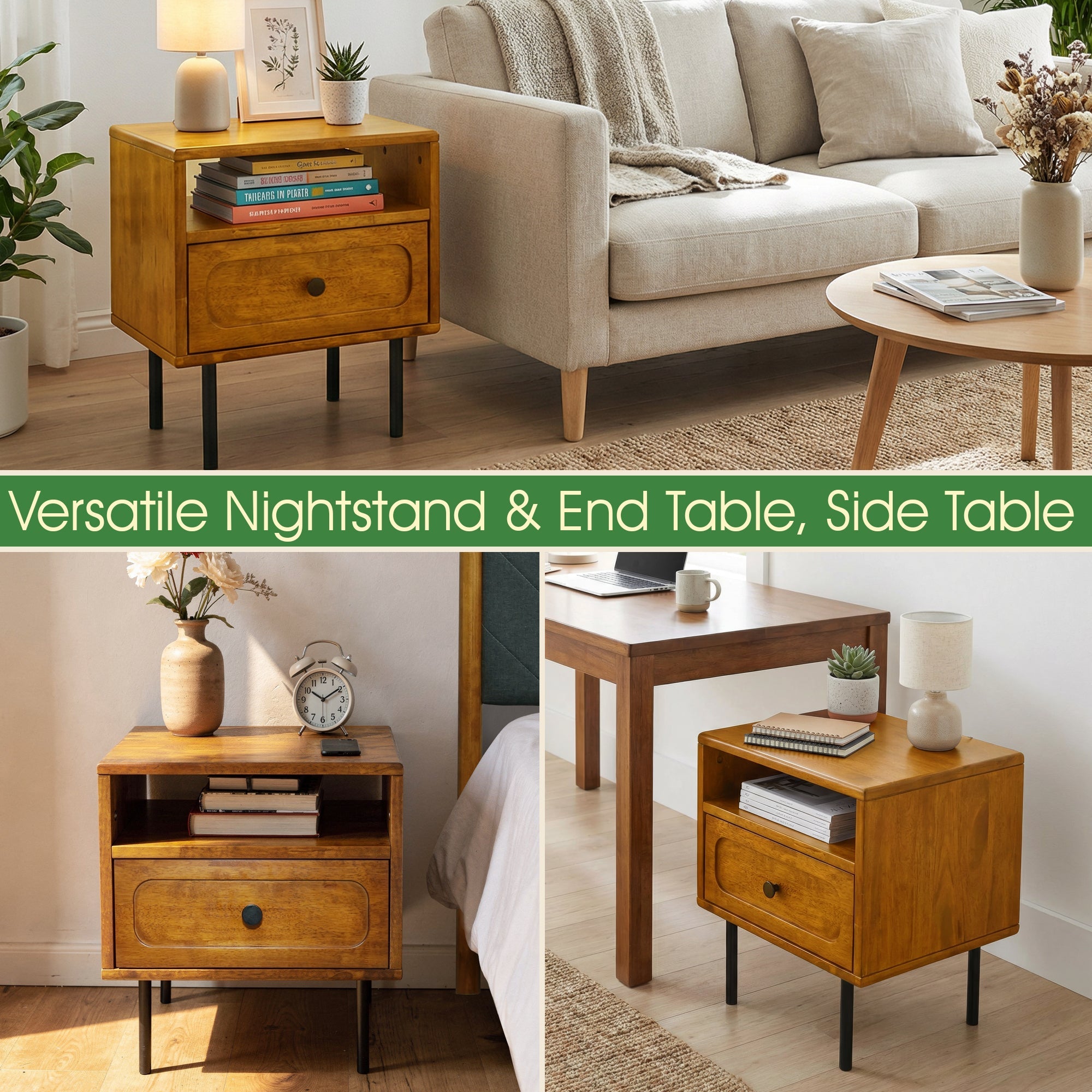 Savana Mid-Century Modern Single Drawer Solid Wood Nightstand