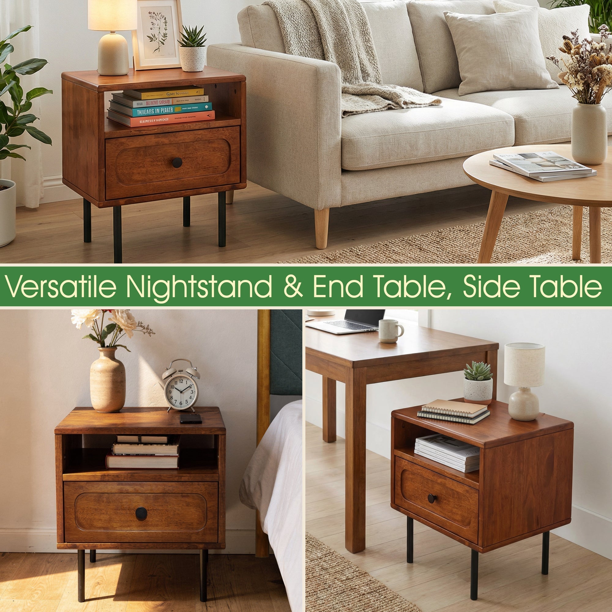 Savana Mid-Century Modern Single Drawer Solid Wood Nightstand