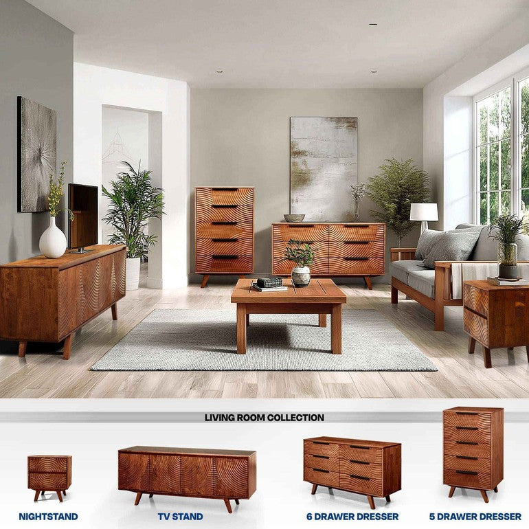 Living room with wooden furniture including nightstand, TV stand, and dressers.