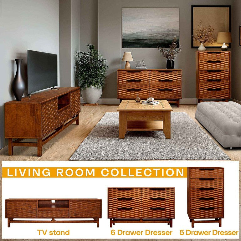 Living room with wooden furniture including a TV stand, 6 drawer dresser, and 5 drawer dresser.
