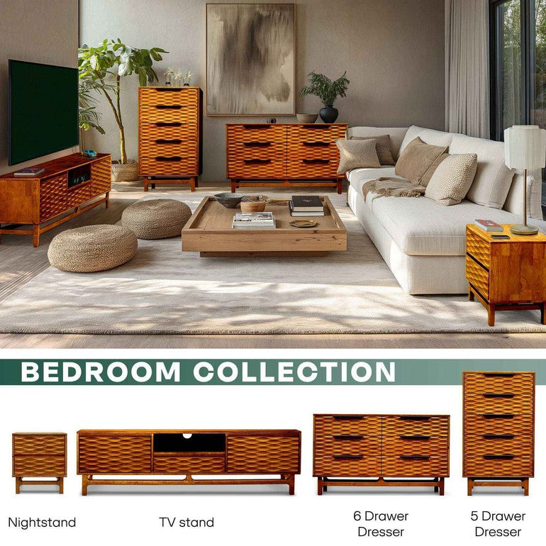 Modern bedroom with furniture including a TV stand, nightstands, and dressers.